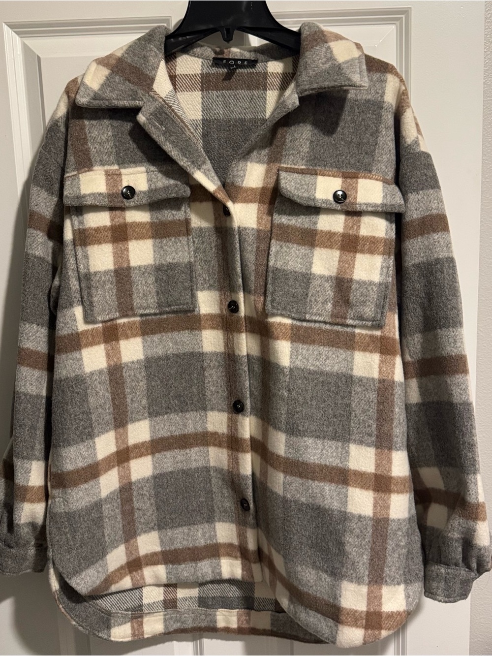 FORE Women's Plaid Shacket in Gray, Brown & Cream